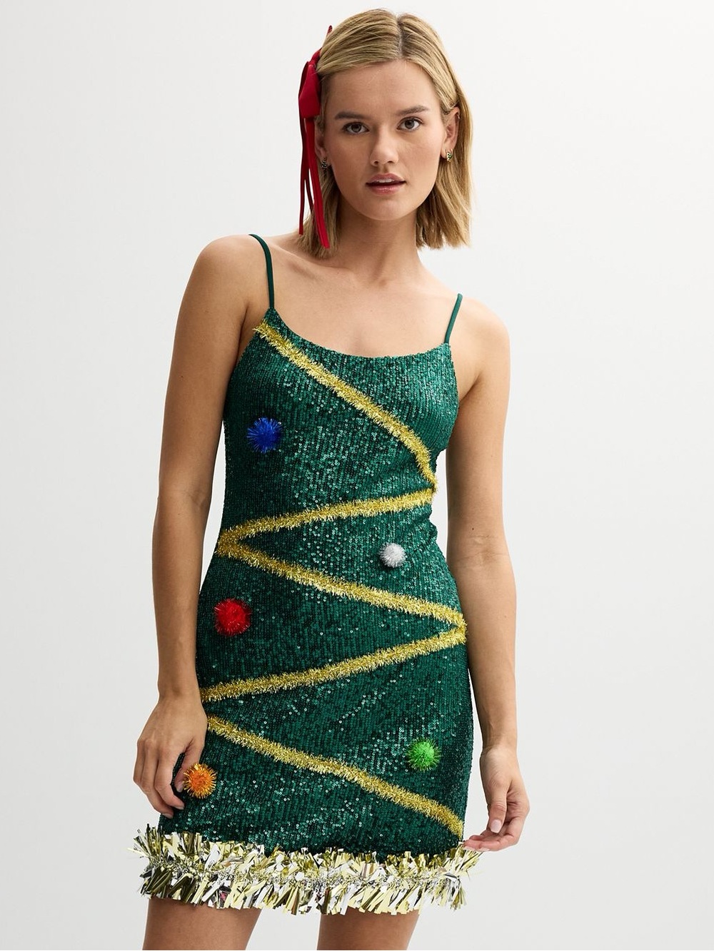 Sparkling Green Sequin Mini Dress with Gold Tinsel Detail